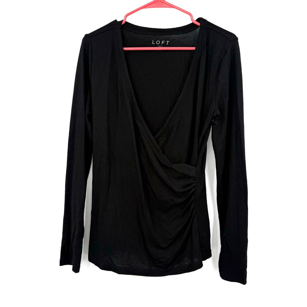 Loft Size Medium Wrap Style Long Sleeve Shirt Top Blouse Black